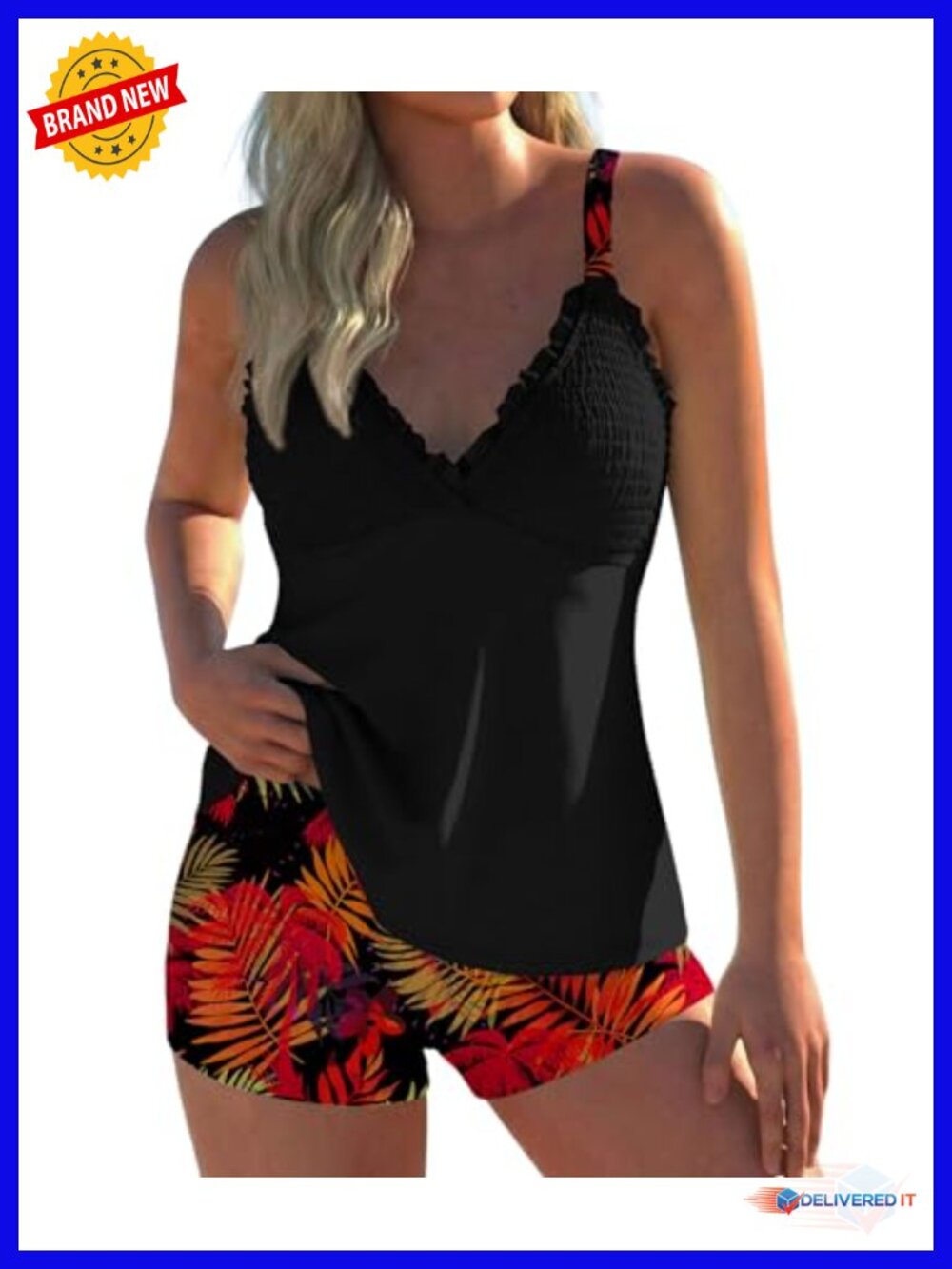 Two Piece Tankini Swimsuit Smocked Tummy Control Flowy Swim Dress Tops with Boy